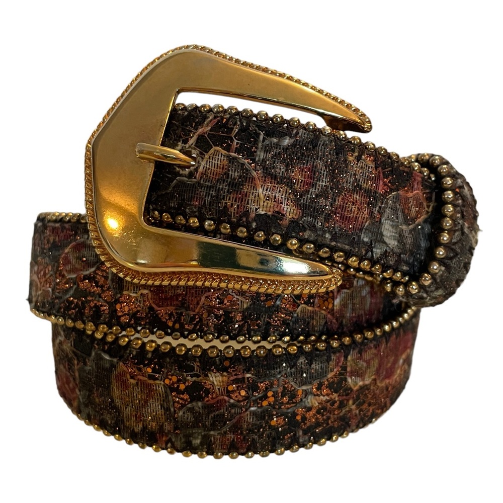 Absolutely Fresh Vintage Leather Floral Tapestry Glitter Gold Tone Belt Slim M L